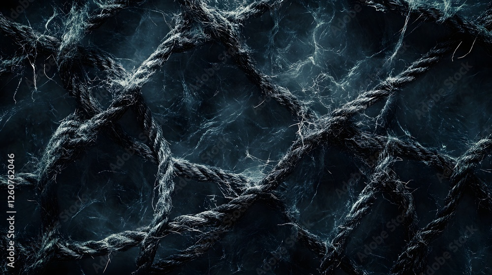 Poster a dramatic close-up of intertwined dark ropes creating a mysterious, textured backdrop. macro textur