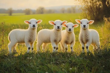 Naklejka premium Lambs in a Lush Green Field at Golden Hour