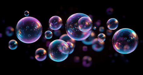 Floating Bubbles in Dark Space with Dreamy Reflections and Colorful Light