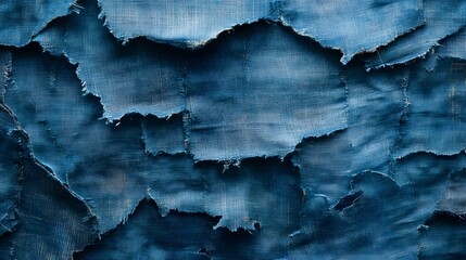 Fototapeta premium Close-up view of a textured denim patchwork with various shades of blue and indigo, showing the distressed and layered fabric. Macro Texture Backgrounds Abstract Blue Fabric Texture Patchwork