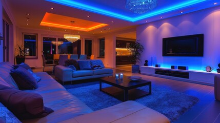 A Modern and Stylish Living Room Interior with Ambient LED Lighting and Elegant Furniture Showcasing Contemporary Home Decor Elements for a Warm and Inviting Atmosphere
