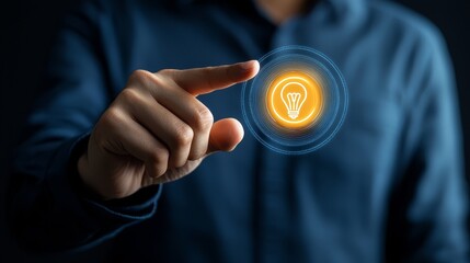 Illuminating innovation, man points to a light bulb symbolizing bright ideas and creative solutions