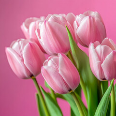 Naklejka premium Elegant pink tulips create a serene atmosphere against a soft pink backdrop, capturing the essence of spring bloom with refined beauty and tranquil grace