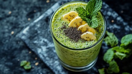 Green smoothie with banana and chia seeds. Healthy drink recipe