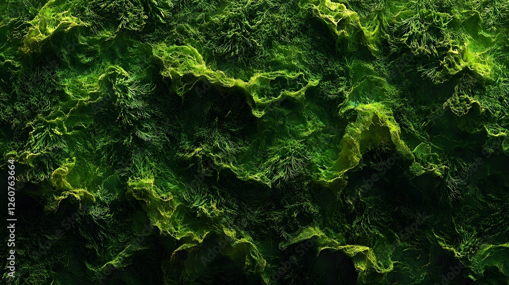Poster intricate abstract image of green moss, showcasing a detailed texture and vibrant color palette. ide