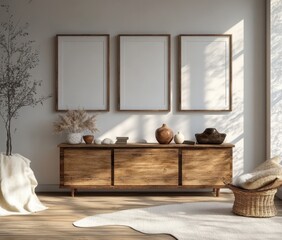 Modern Minimalist Living Room with Rustic Sideboard and Empty Frames