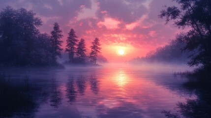 Fototapeta premium Tranquil Dawn Landscape with Misty River and Silhouetted Trees in Soft Pastel Light