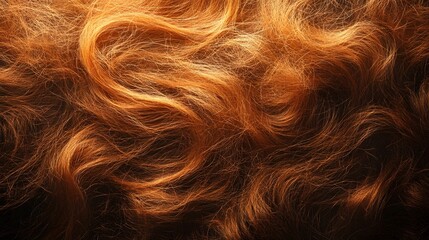 Naklejka premium Close-up of auburn hair, showcasing its wavy texture and reddish-brown tones. The image emphasizes the beauty and flow of the hair strands. Macro Texture Backgrounds Frizzy Hair Detailed.