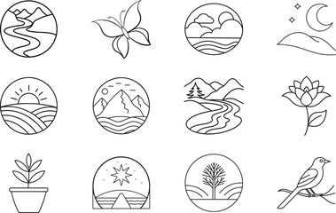 Nature Icons Minimalist Line Art, Landscapes, Flowers, Birds