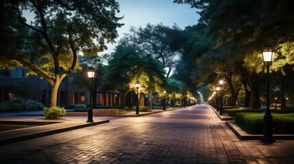 Serene evening walk through a beautifully lit tree-lined pathway in an urban park, showcasing glowing street lamps and tranquil surroundings for relaxation and contemplation.
