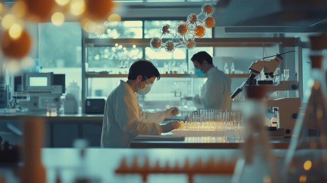 Wide view of a biotechnology research lab with scientists conducting experiments, surrounded by cutting-edge tools and molecular models. Bright lighting.