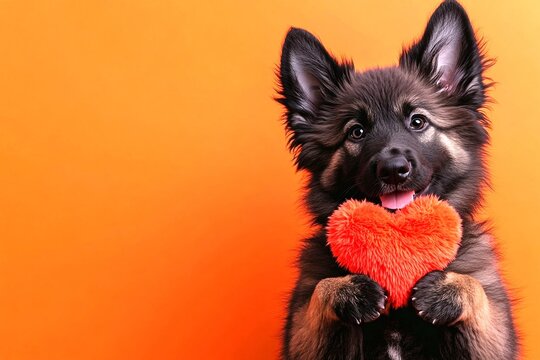 Belgian tervuren - my desired dog. Digital ads visual idea art. Cute belgian tervuren dog with fluffy red heart - emblem of love, funny greeting card. Valentine's furry love moments. Red heart.