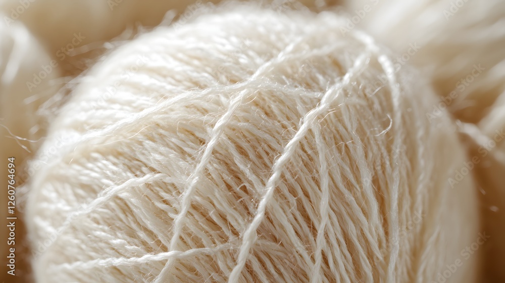 Poster Close-up view of soft, creamy yarn balls. Natural fibers create a warm texture. Macro Texture Backgrounds. Creamy Soft Yarn Balls: Close-Up Texture of Natural Fiber Threads