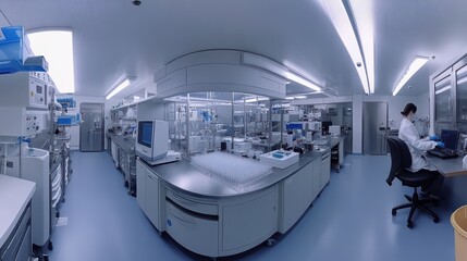 Wide-angle view of a sophisticated laboratory with a technician culturing human cells, surrounded by high-tech instruments, automated systems, and research tools.