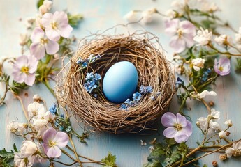 Obraz premium Beautiful Natural Easter Decoration with Blue Eggs in Nest on Rustic Wood