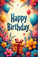 Birthday card with a yellow gift box adorned with a red ribbon, set against a light background, surrounded by balloons, flowers, and leaves. The text reads Happy Birthday in blue letters.