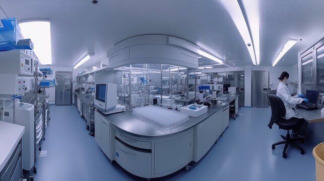 Wide-angle view of a sophisticated laboratory with a technician culturing human cells, surrounded by high-tech instruments, automated systems, and research tools.