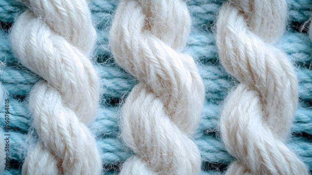 Poster A detailed image showcasing the intricate texture of white yarn interwoven with a light blue backdrop. The close-up view highlights the softness and craftsmanship. Macro Texture Backgrounds