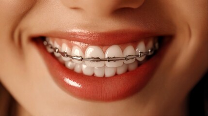 Obraz premium Close-up of a woman's mouth with silver metal braces on her teeth.