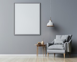 Modern gray living room featuring armchair, side table, hanging lamp, and blank wall for product presentation.
