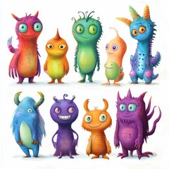 Fototapeta premium Colorful Whimsical Monster Creature Character Design Set Fun Cartoon Style Illustration