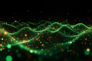 A dynamic abstract representation of flowing data streams, featuring vibrant green and orange light particles scattered across a dark background