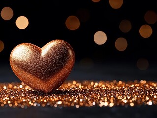 Fototapeta premium A shimmering bronze heart sits atop a sparkling surface, illuminated by a soft bokeh background, evoking feelings of love and warmth.