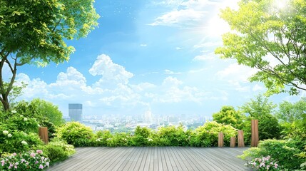 Expansive cityscape vista from a luxurious wooden deck, breathtaking urban views