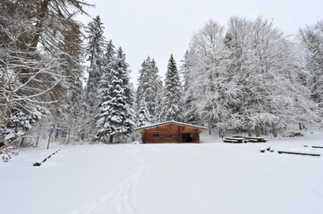 Cabane dans la forêt en hiver