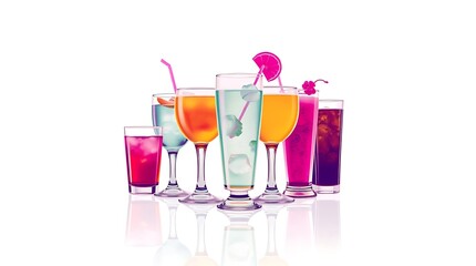Several glasses of different drinks on bright background