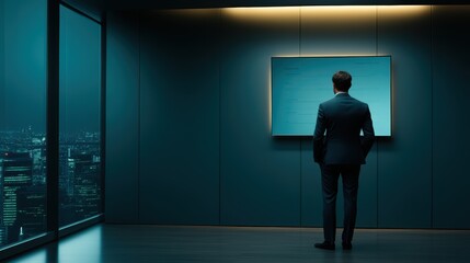Fototapeta premium Caucasian male in business suit observing digital display in modern office with city view