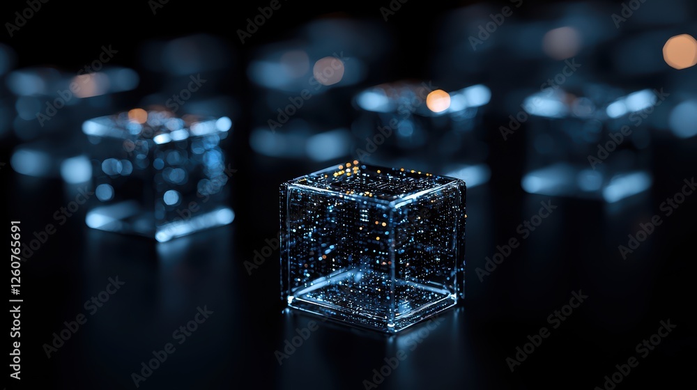 Poster transparent glass cube with abstract bokeh lights on dark background