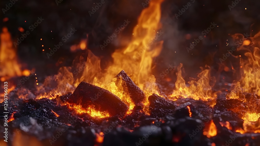 Aufkleber A mesmerizing display of a raging inferno with towering flames licking the darkness and casting an intense fiery glow  The scene is filled with crackling energy searing heat and a sense of raw