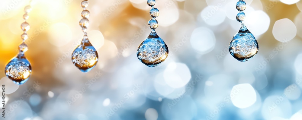 Poster close-up of hanging crystal drops with shimmering bokeh background