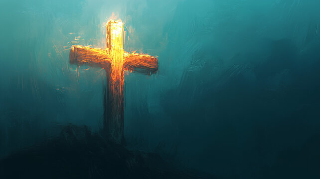 Glowing cross emerging from darkness with divine light in a mystical atmosphere – spiritual and religious concept of salvation and eternal hope
