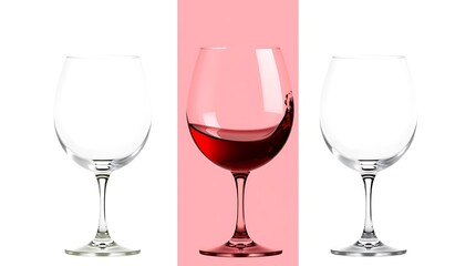 A glass of red wine is next to two glasses of wine.