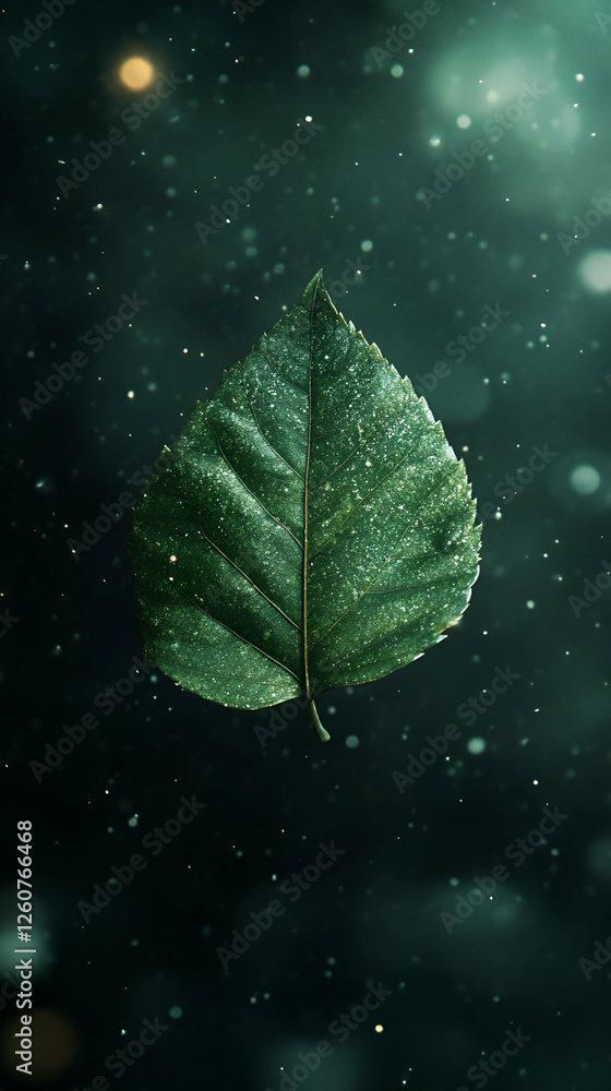 Poster emerald leaf on dark background with sparkly texture