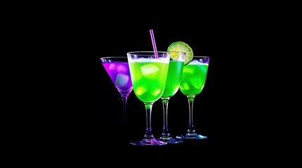 Colourful green cocktails isolated against black