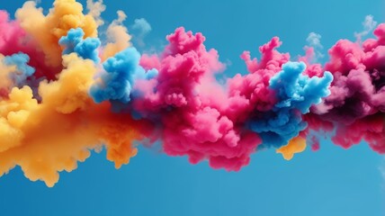 Fototapeta premium A vibrant smoke cloud in various colors floats against a clear blue sky, creating a striking visual contrast.