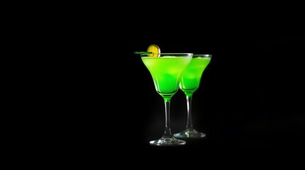 Colourful green cocktails isolated against black