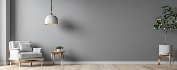 Obraz premium Modern gray living room featuring armchair, side table, hanging lamp, and blank wall for design mock-up.