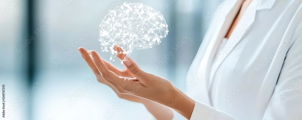 Aufkleber digital brain in hands of female scientist exploring artificial intelligence technology