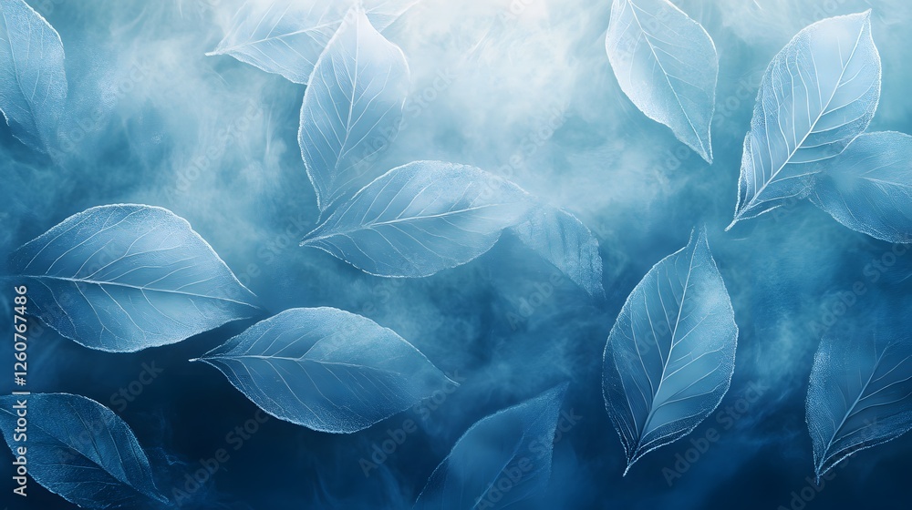 Aufkleber ethereal blue leaves float in a misty atmosphere, creating a serene and calm scene. serene blue: an 