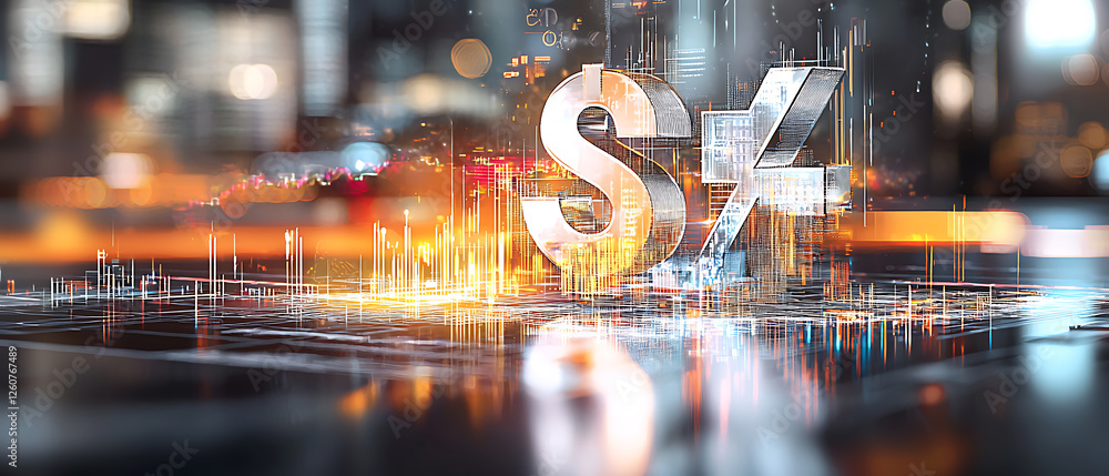 Poster dynamic financial data visualization urban setting digital art futuristic environment close-up view 