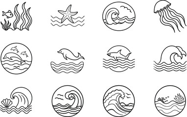 Ocean Life Line Art Icons of Waves, Dolphins, and Sea Creatures