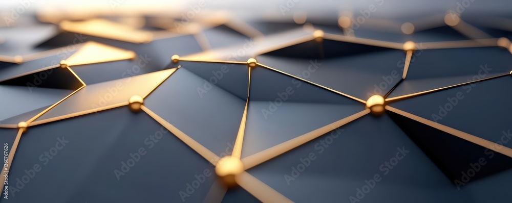 Poster geometric abstract design with gold nodes on dark polygons