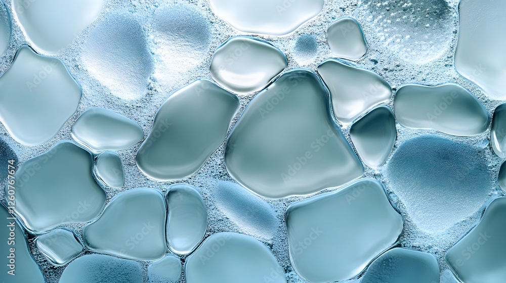 Poster Microscopic view of blue bubbles forming intricate patterns. Abstract texture. Abstract Blue Bubbles: A Microscopic View of Liquid Texture. Frosted glass surface
