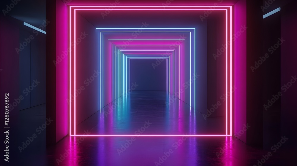 Poster A visually captivating and futuristic architectural abstraction featuring a luminous neon lit corridor with glowing geometric patterns vibrant color accents and an ethereal