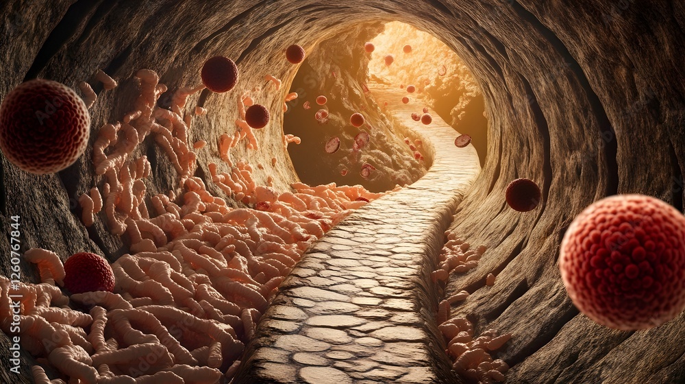 Fototapete abstract and surreal microscopic view of a vibrant colorful tunnel like pathway comprised of organic