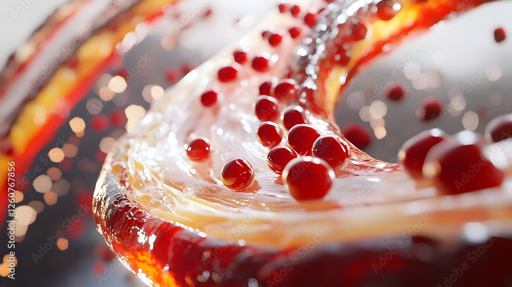 Poster Abstract and dynamic image of flowing swirling liquid motion with vibrant red ripples and bubbles creating a effect on a transparent glass like surface  The fluid movement gradient colors